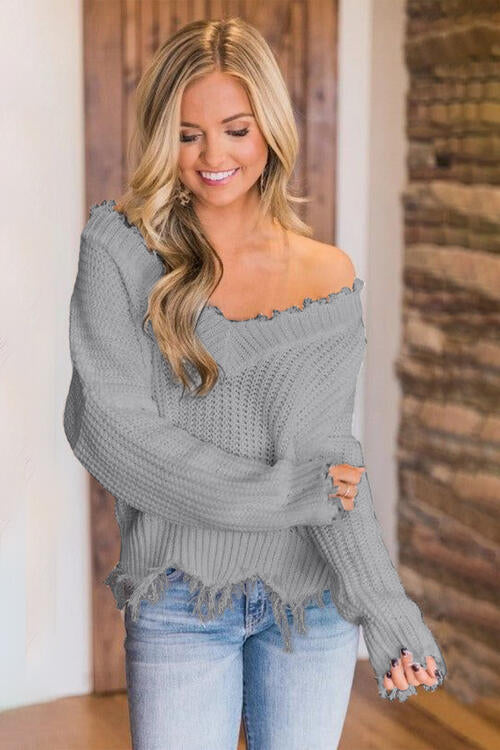 Pull à ourlet effiloché et épaules tombantes