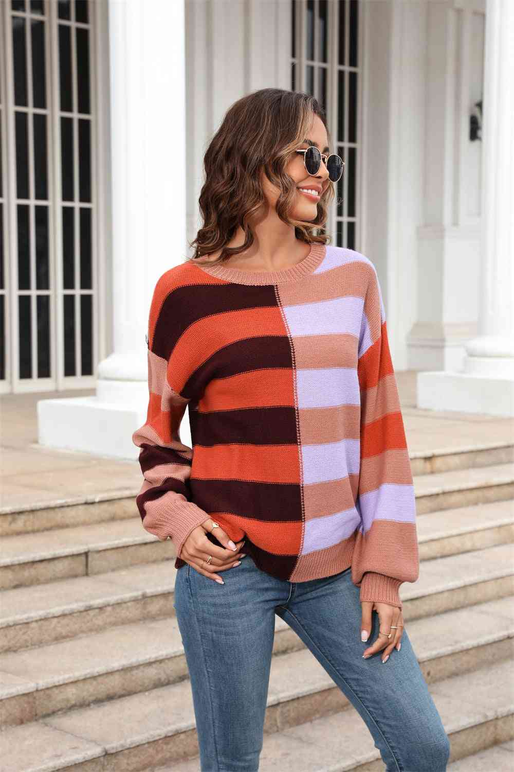 Pull col rond, manches longues, blocs de couleurs, épaules tombantes