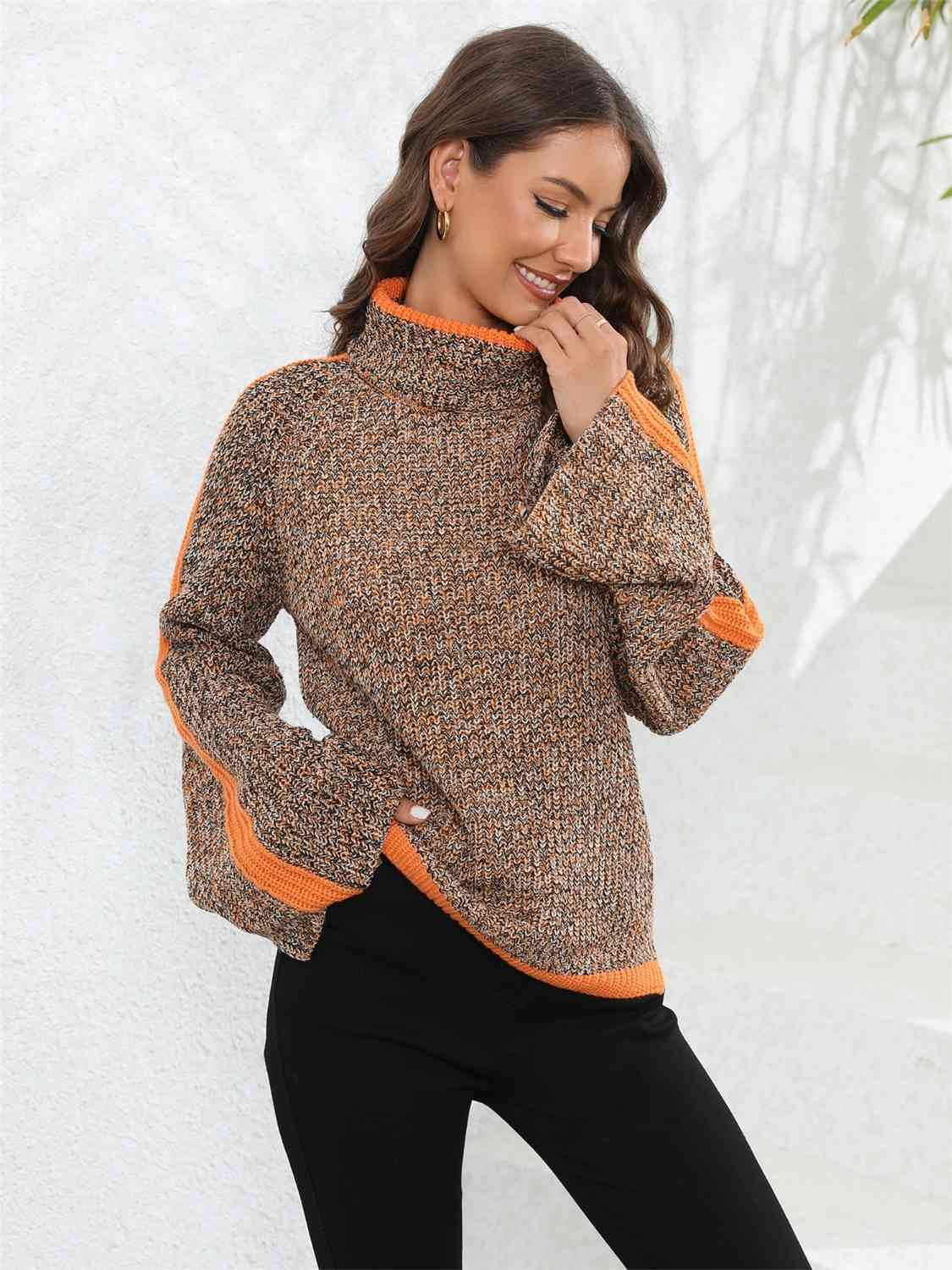 Pull chiné à col roulé et manches longues