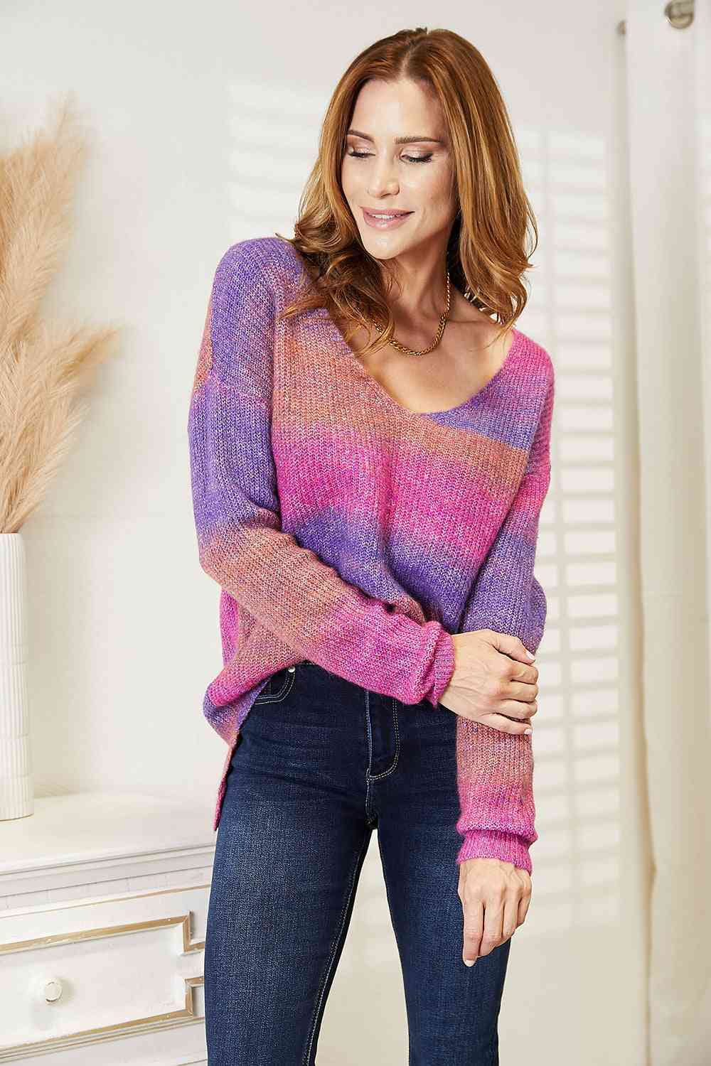 Pull en tricot côtelé multicolore à col en V Double Take