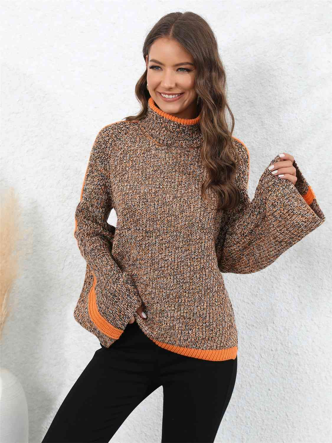 Pull chiné à col roulé et manches longues