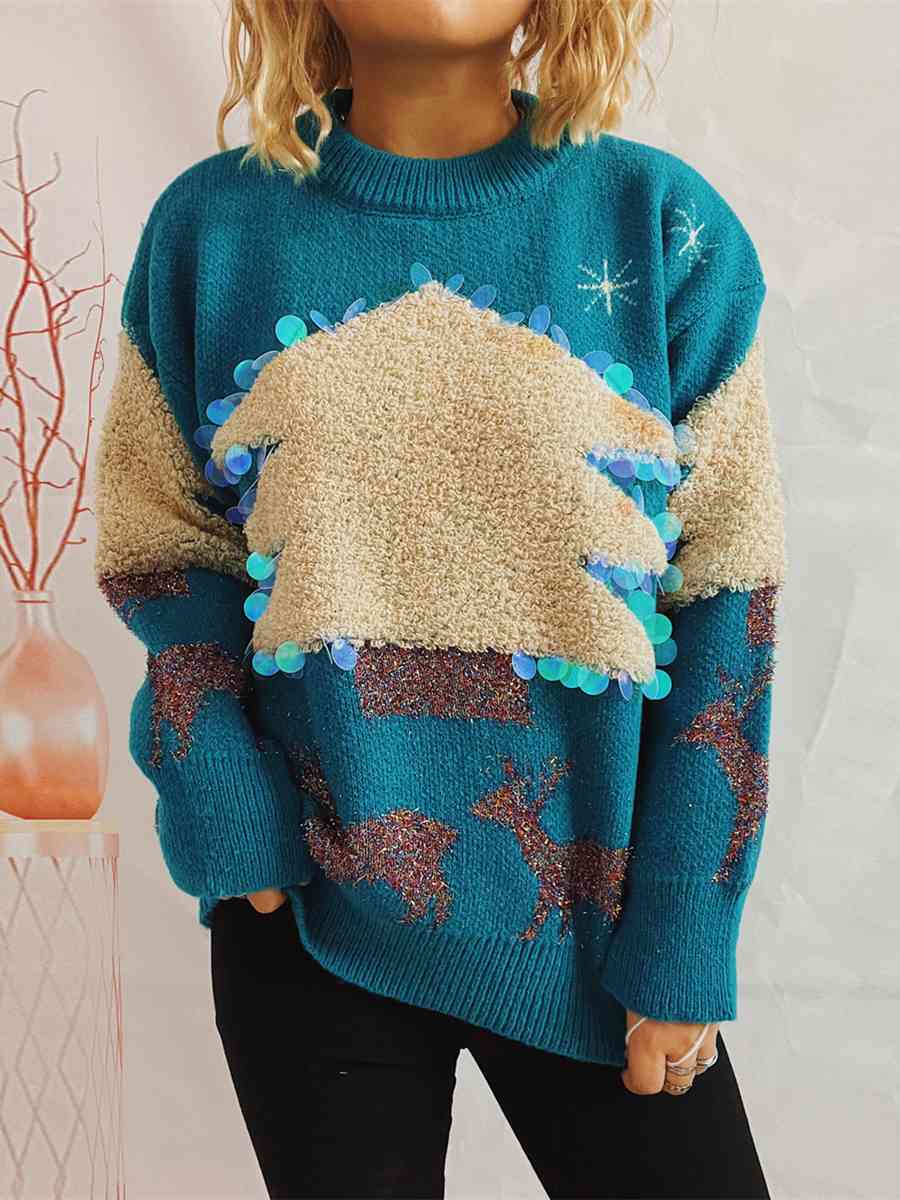 Pull col rond à paillettes motif sapin de Noël et renne