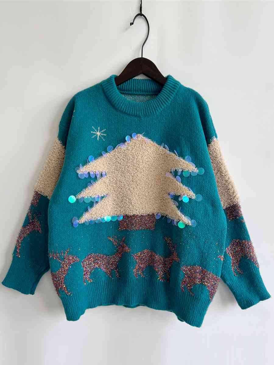 Pull col rond à paillettes motif sapin de Noël et renne