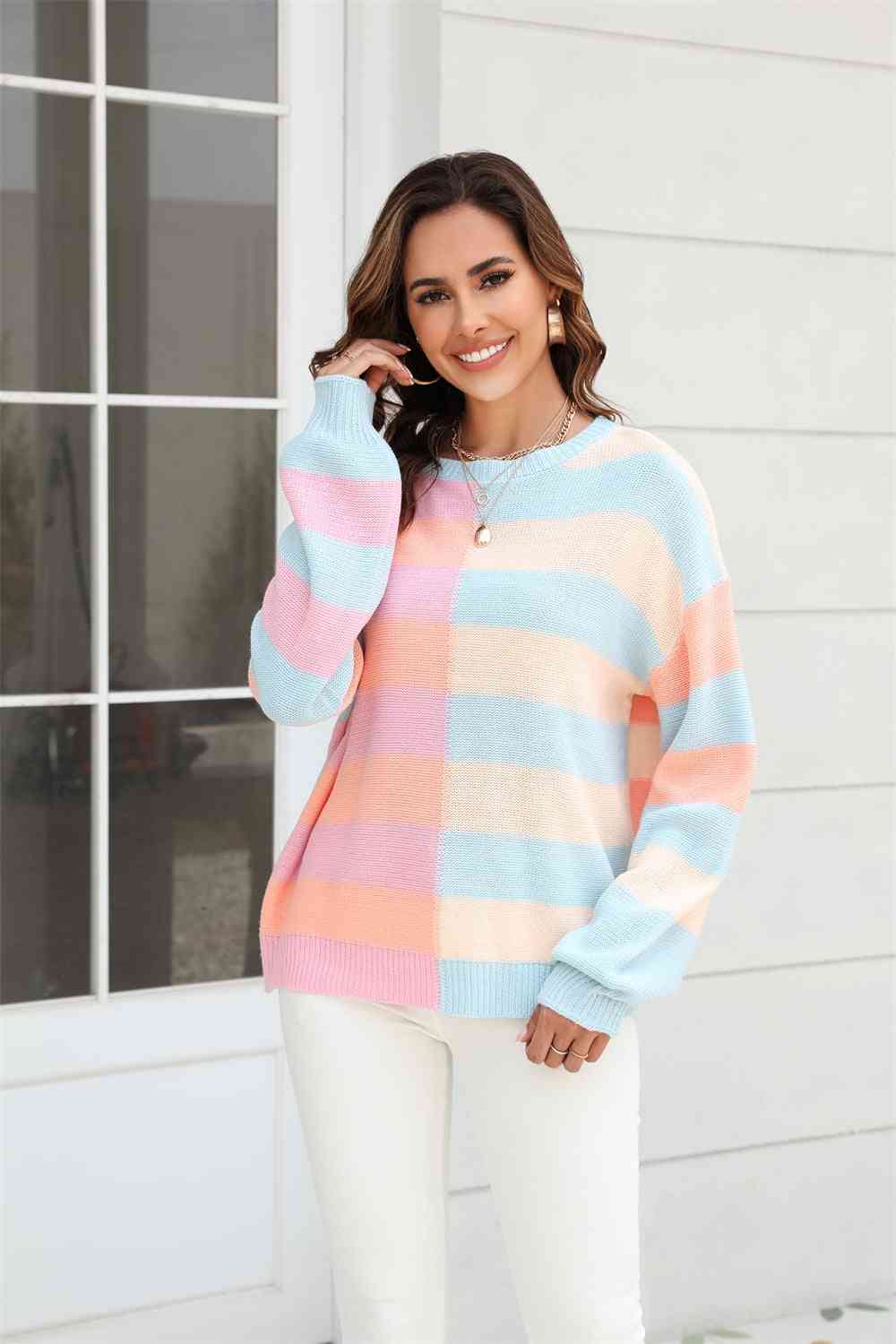 Pull col rond, manches longues, blocs de couleurs, épaules tombantes