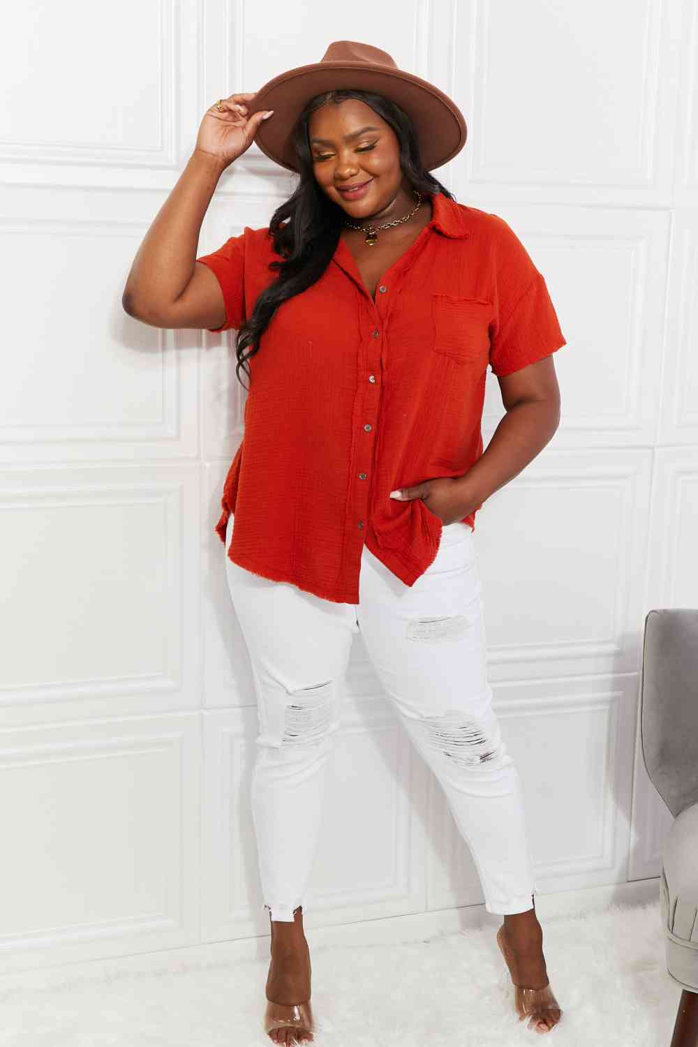 Chemise Zenana à manches courtes Summer Breeze en gaze cuivrée
