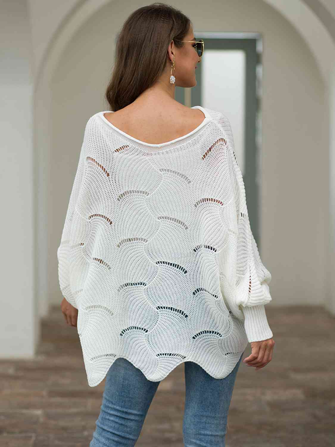 Haut en tricot ajouré à col bateau et manches lanternes