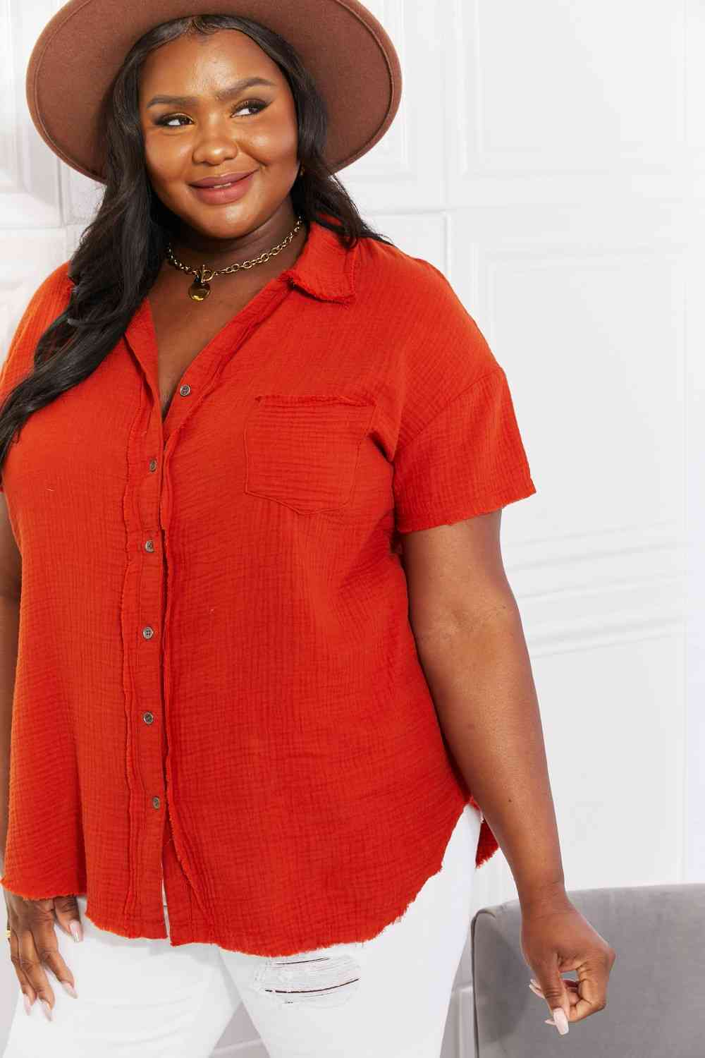 Chemise Zenana à manches courtes Summer Breeze en gaze cuivrée