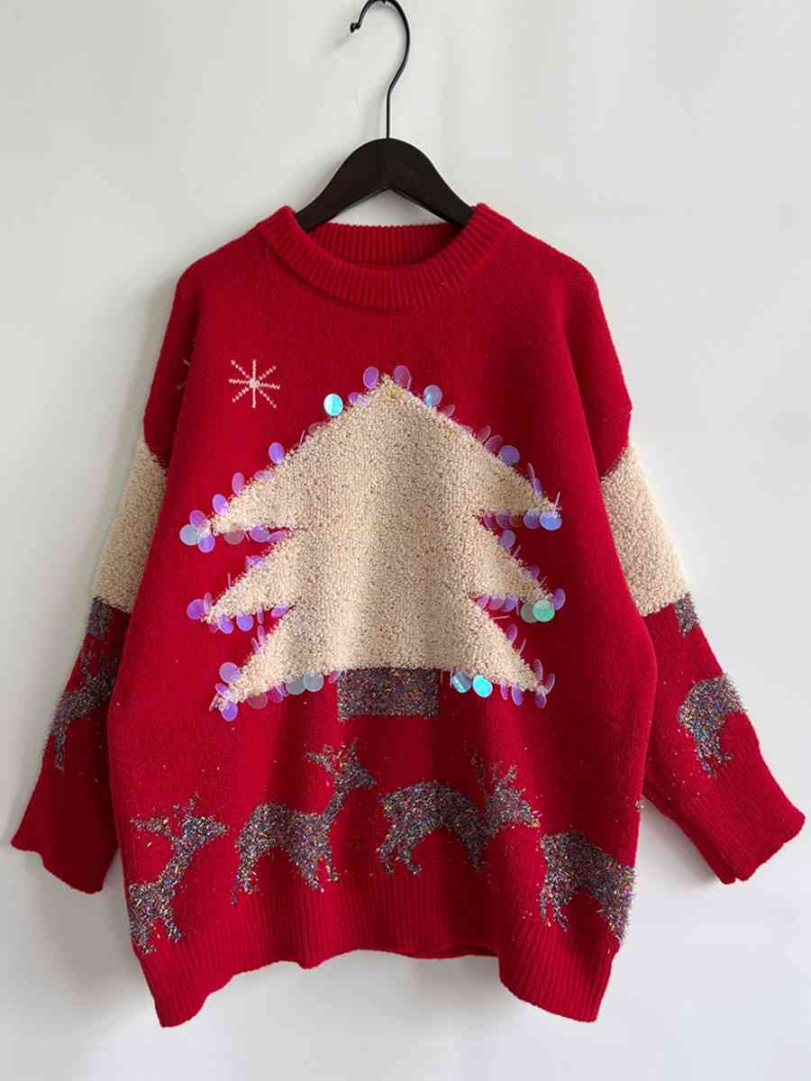 Pull col rond à paillettes motif sapin de Noël et renne