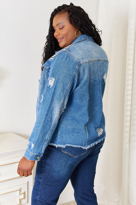 Veste en jean à ourlet brut et imprimé léopard fleuri Baeful