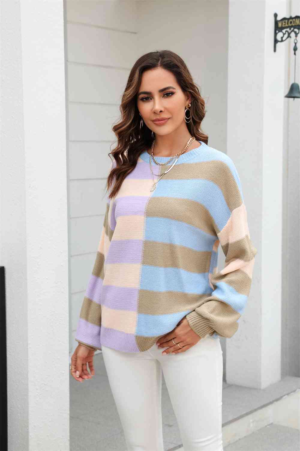 Pull col rond, manches longues, blocs de couleurs, épaules tombantes