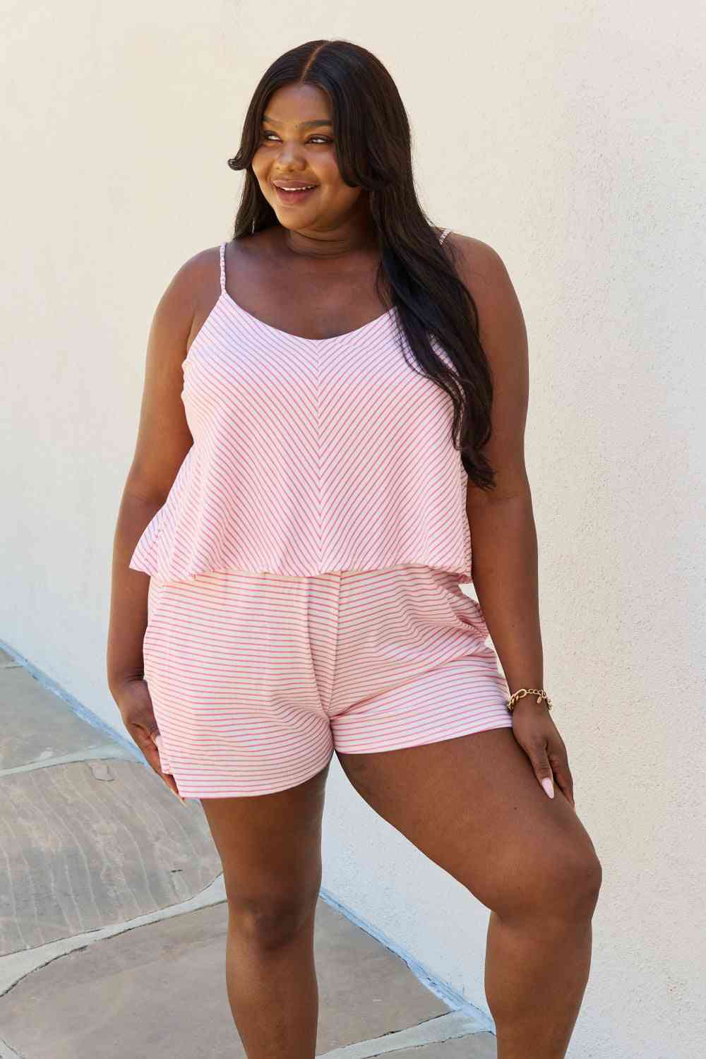 Combishort rayé double évasé Culture Code Let It Happen, taille complète, rose