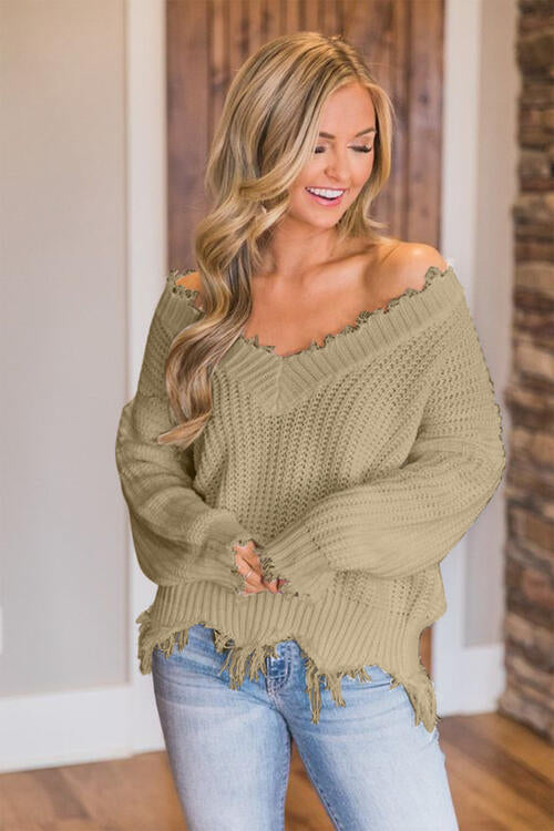 Pull à ourlet effiloché et épaules tombantes