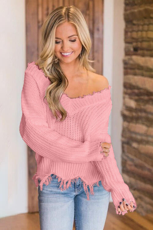 Pull à ourlet effiloché et épaules tombantes