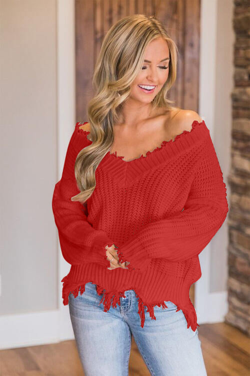 Pull à ourlet effiloché et épaules tombantes
