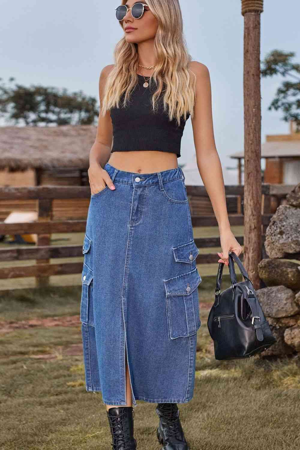 Jupe midi en jean fendue sur le devant avec poches