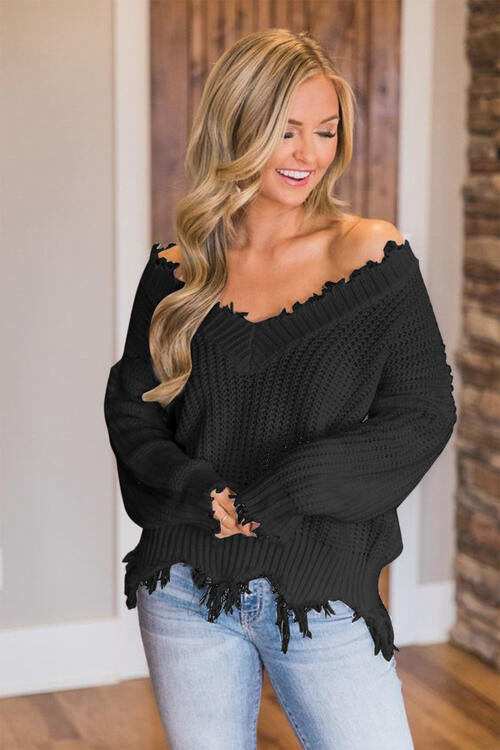 Pull à ourlet effiloché et épaules tombantes