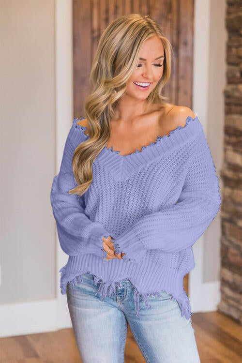 Pull à ourlet effiloché et épaules tombantes