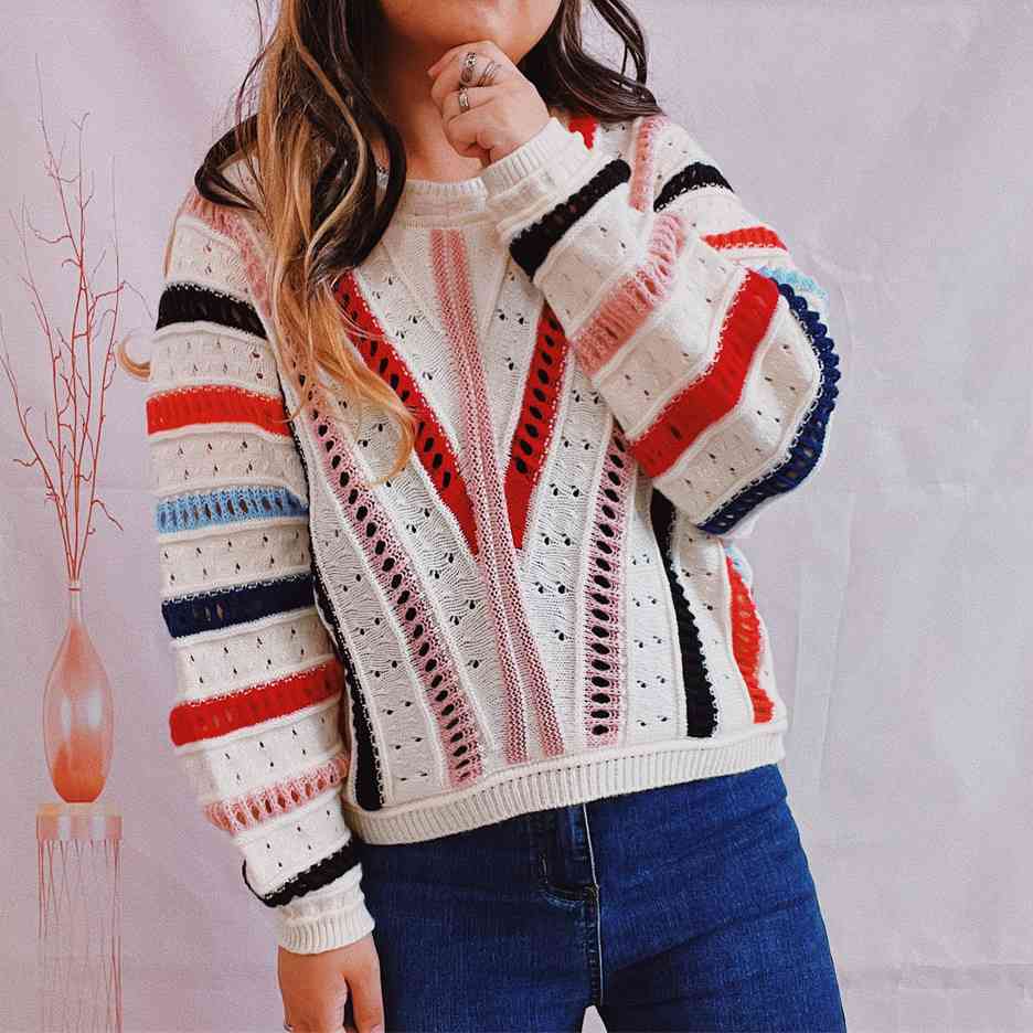 Pull col rond rayé ajouré