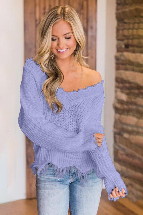 Pull à ourlet effiloché et épaules tombantes