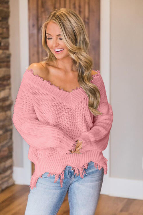 Pull à ourlet effiloché et épaules tombantes