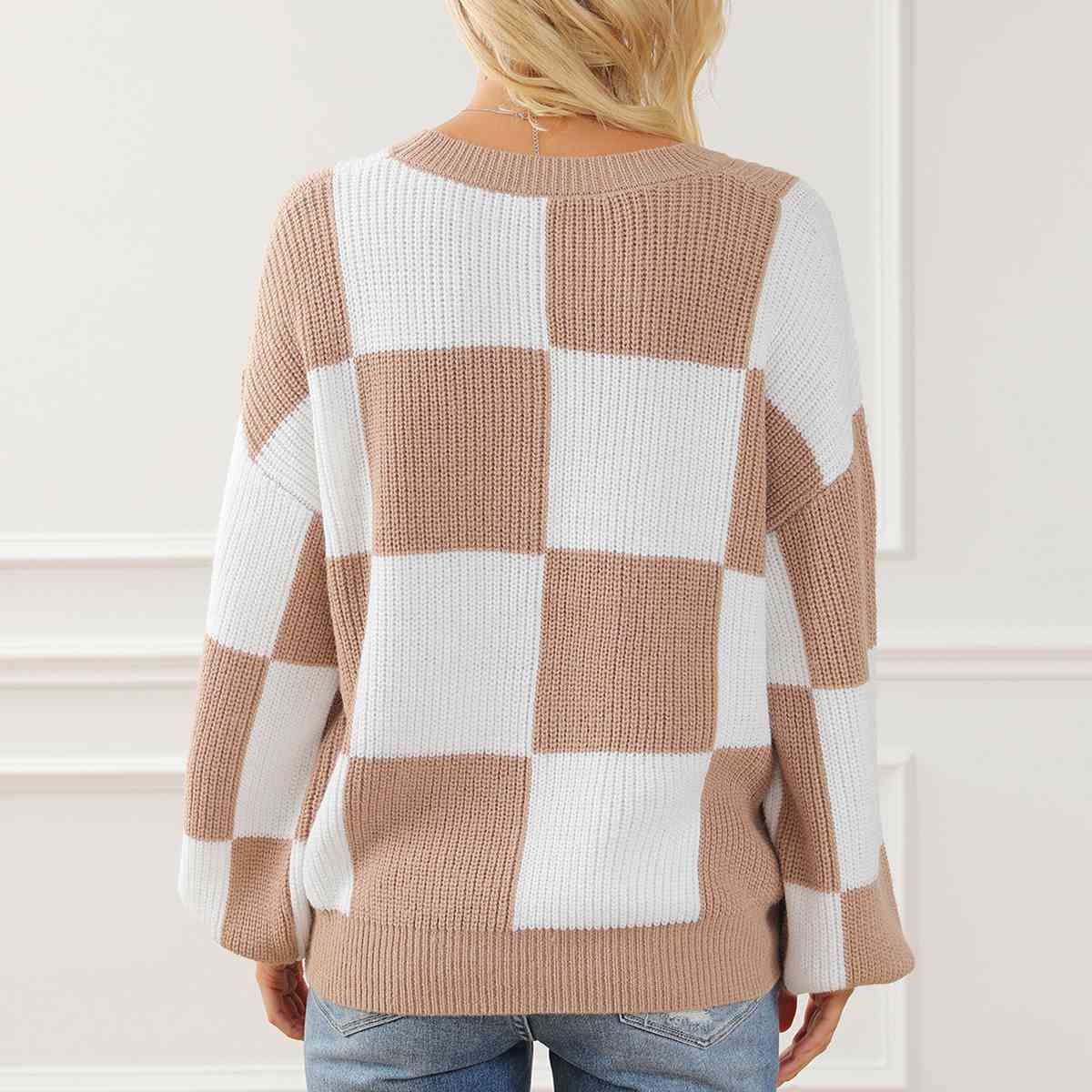 Pull à carreaux, col rond, épaules tombantes, manches longues
