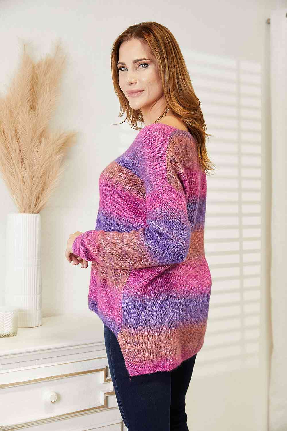 Pull en tricot côtelé multicolore à col en V Double Take