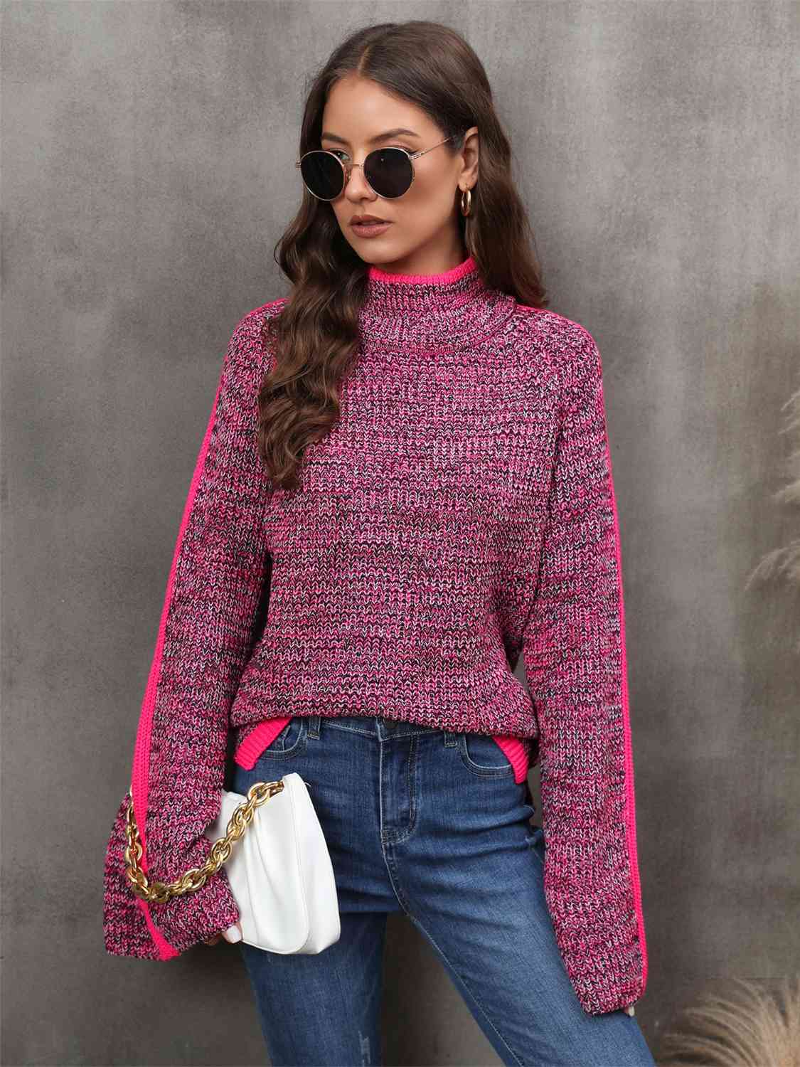 Pull chiné à col roulé et manches longues