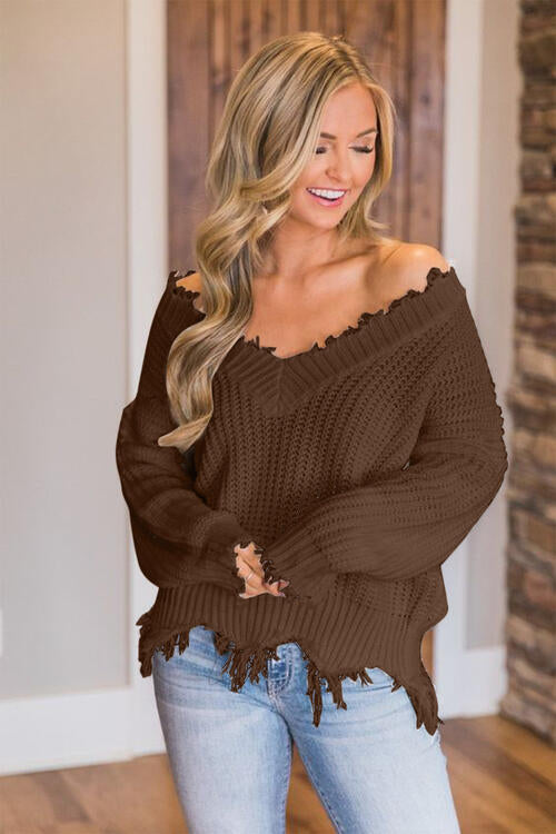 Pull à ourlet effiloché et épaules tombantes