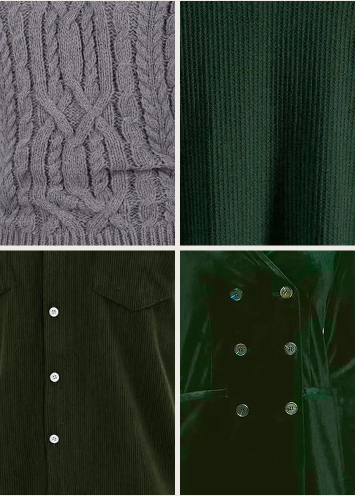 Close views of four fabrics from the collection: a grey cable knit, a green waffle knit, an olive corduroy and a dark green velvet