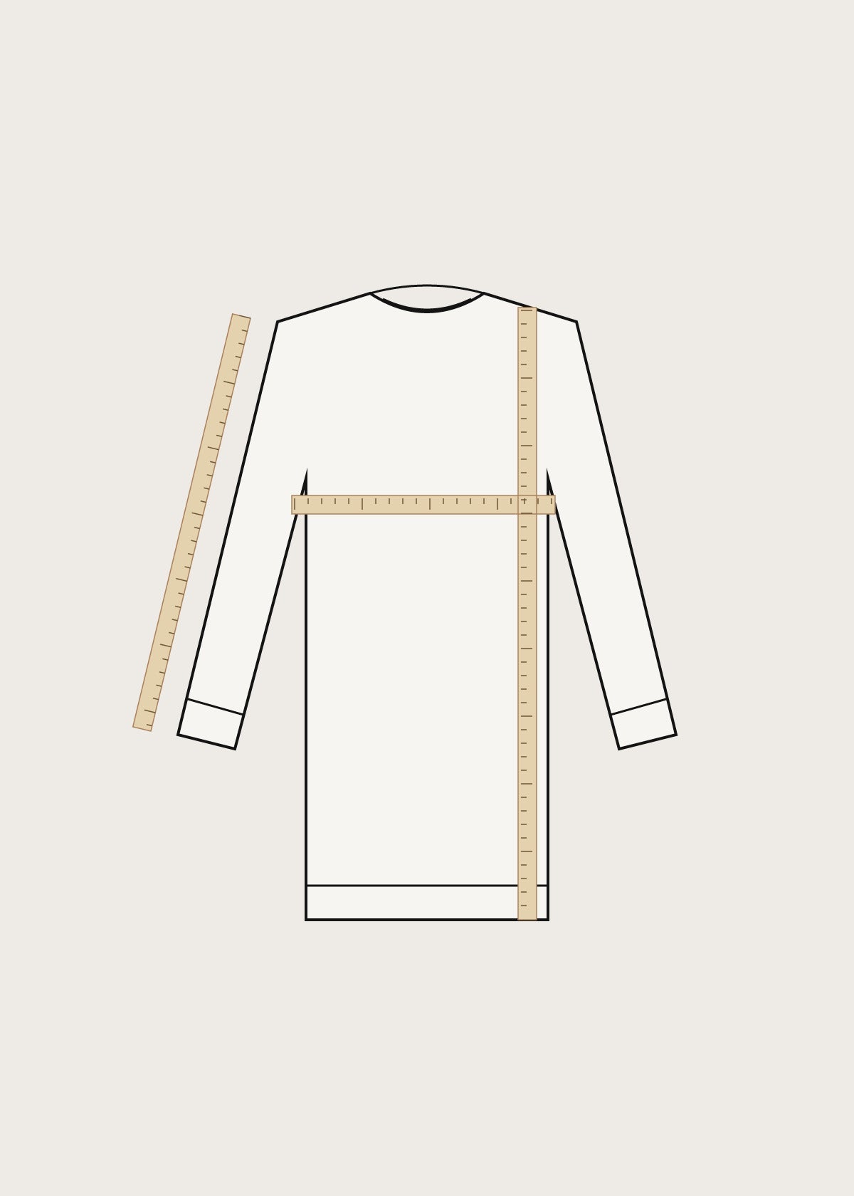 A line drawing of a sweater laid flat, with tape measures across the chest, down the body and along the sleeve