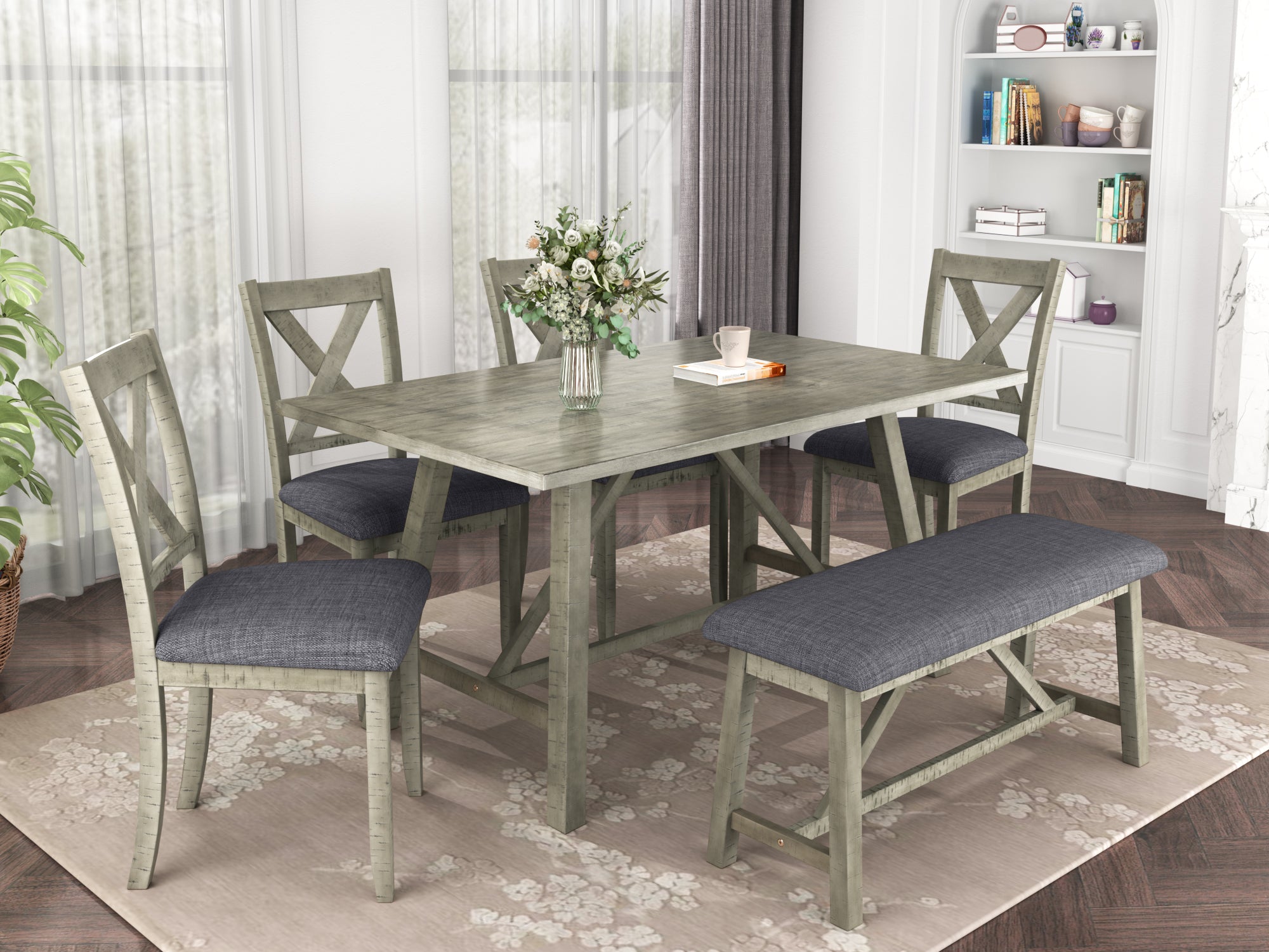 TOPMAX 6 Piece Dining Table Set Wood Dining Table and chair Kitchen Table Set with Table, Bench and 4 Chairs  Rustic Style Gray