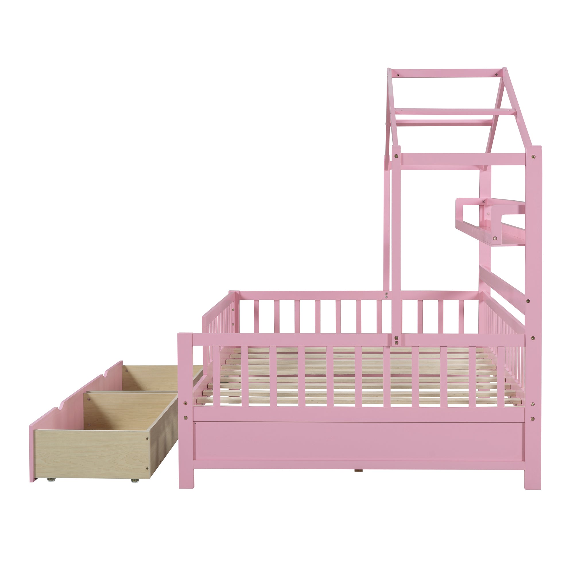 Wooden Full Size House Bed with 2 Drawers Kids Bed with Storage Shelf Pink