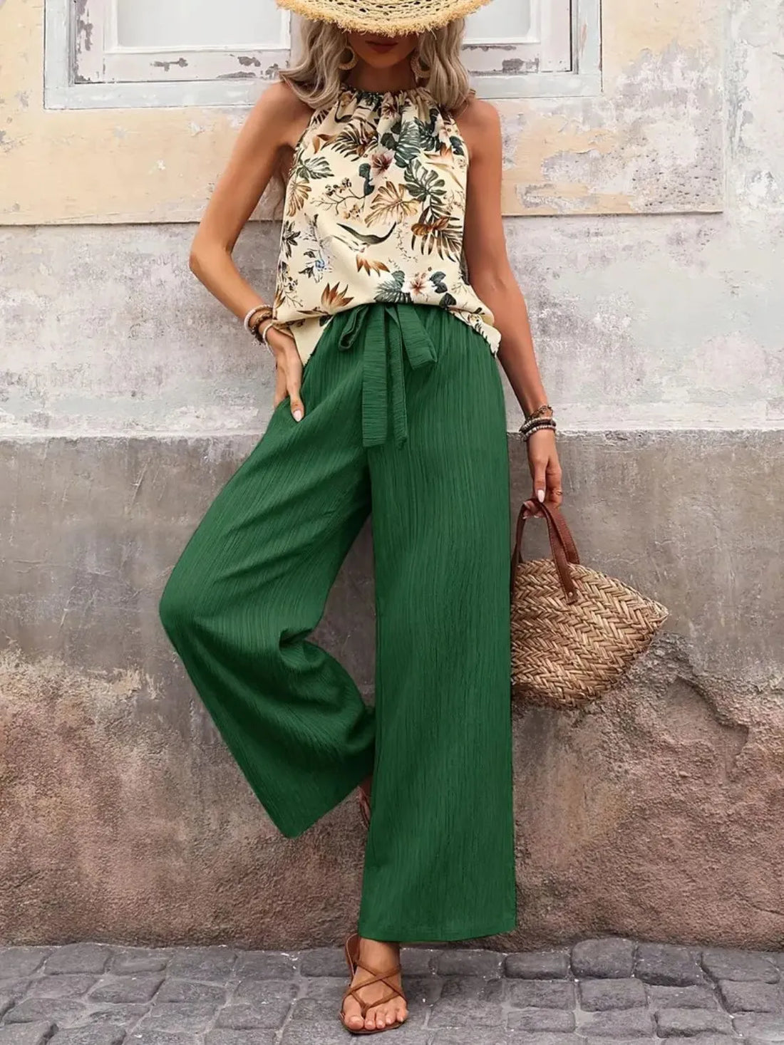 Printed tank top and wide leg pants set, Dark Green