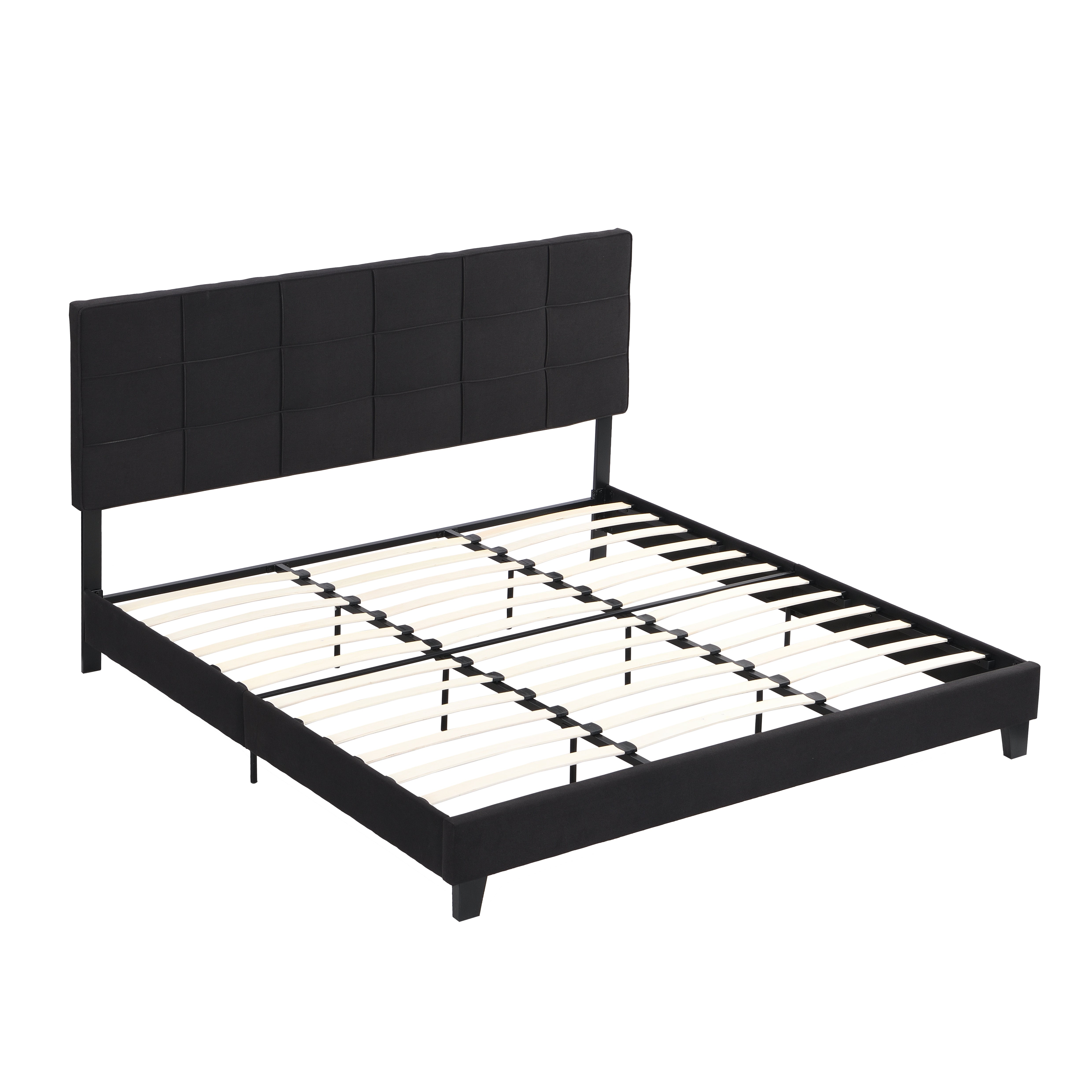 King Size Upholstered Platform Bed Frame with Linen Fabric Headboard BLACK