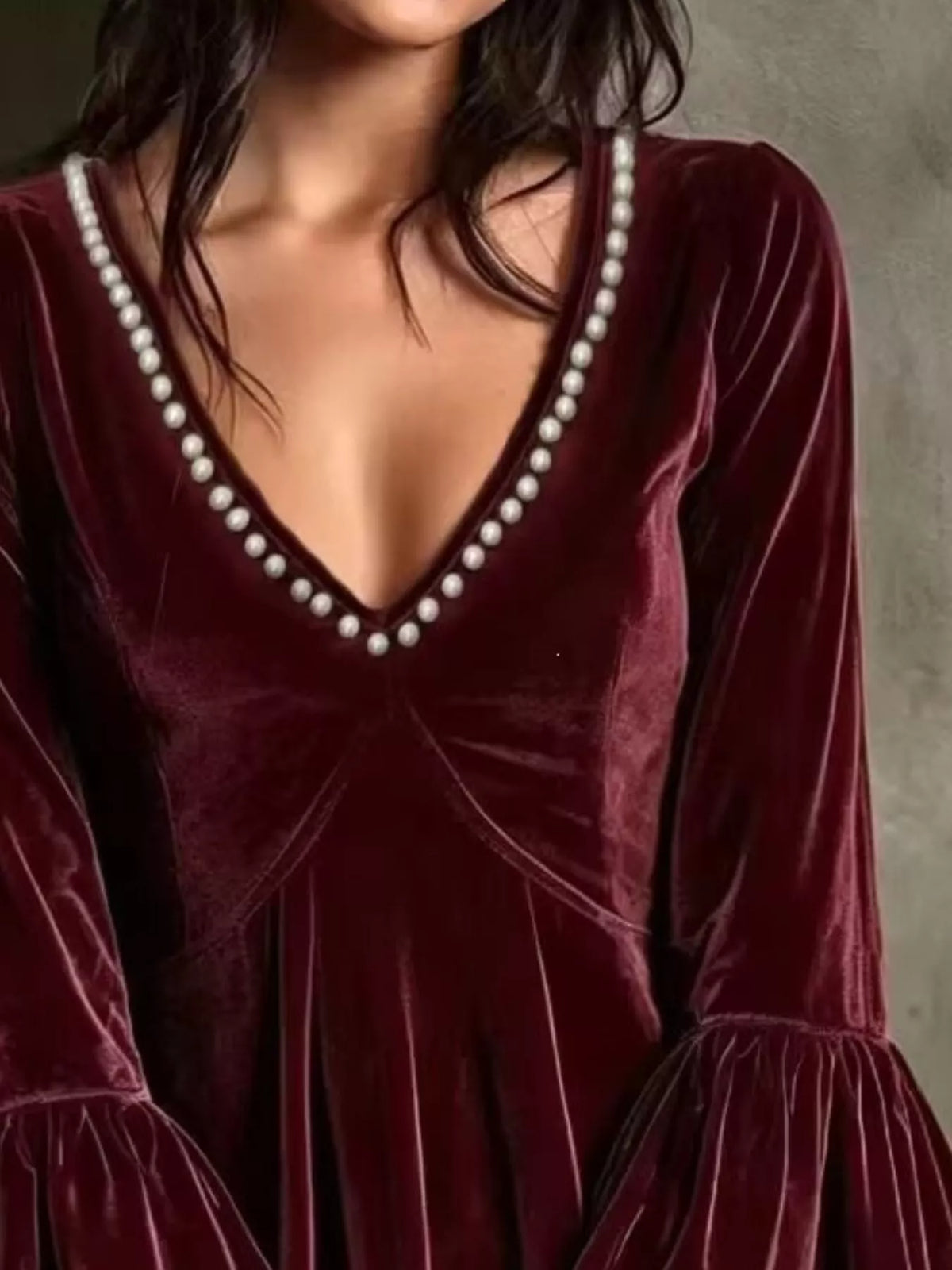 Velvet bell-sleeve mini dress with pearl embellished V-neck