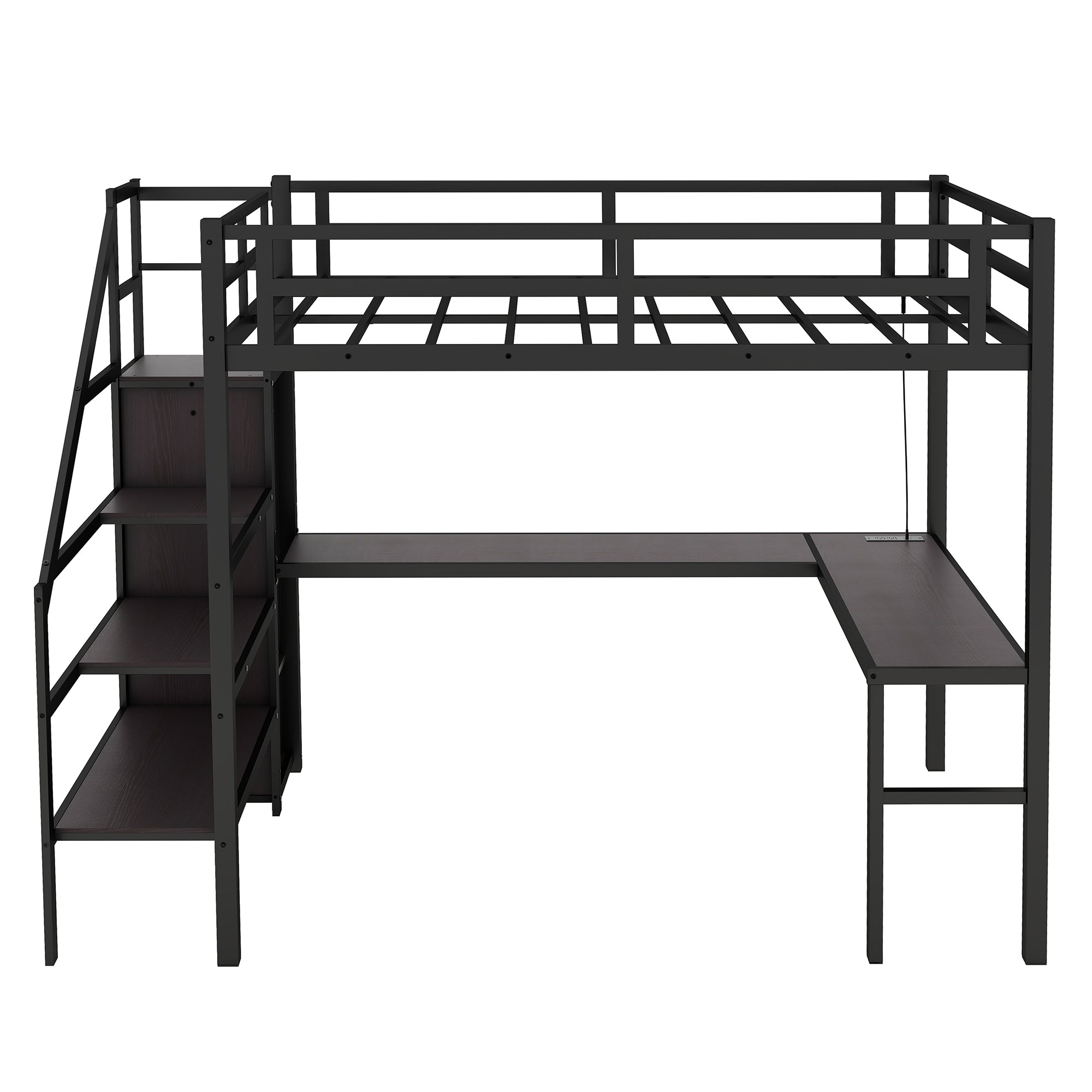 Full sized loft bed with L-shaped desk and USB, metal loft bed with wardrobe and adjustable shelf, black color