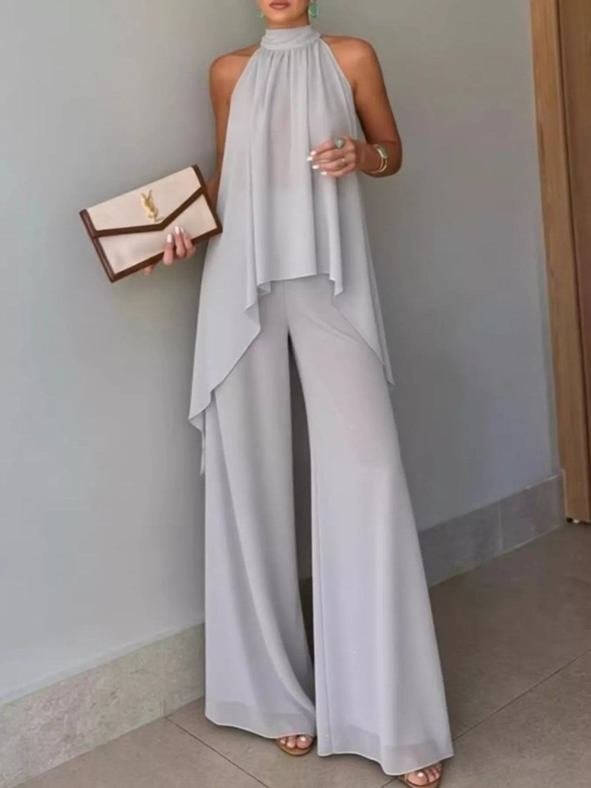 High-low sleeveless top and wide-leg pants two-piece set
