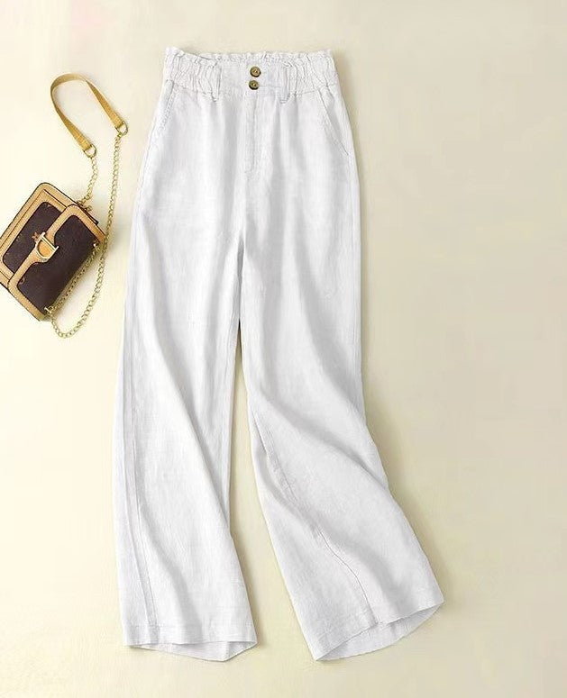 High-waist linen wide-leg trousers – white