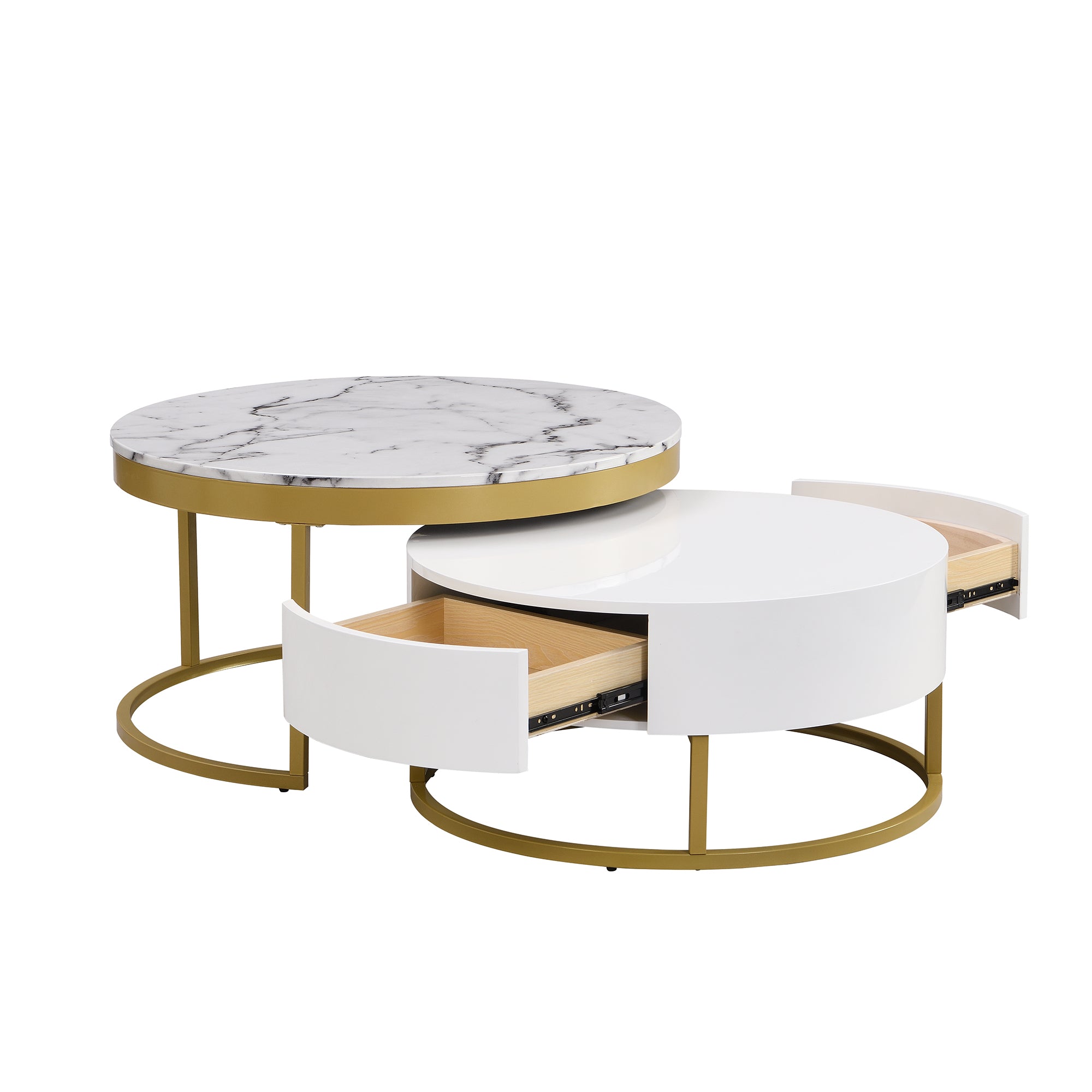 Modern Round Nesting Coffee Table with Drawers in White