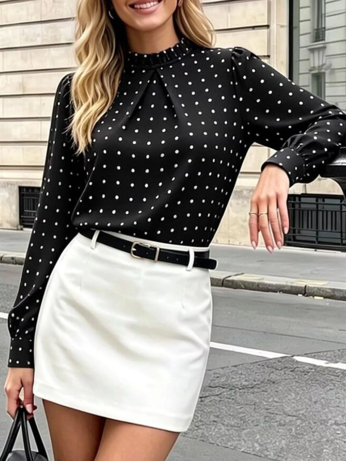 Polka-dot mock-neck blouse