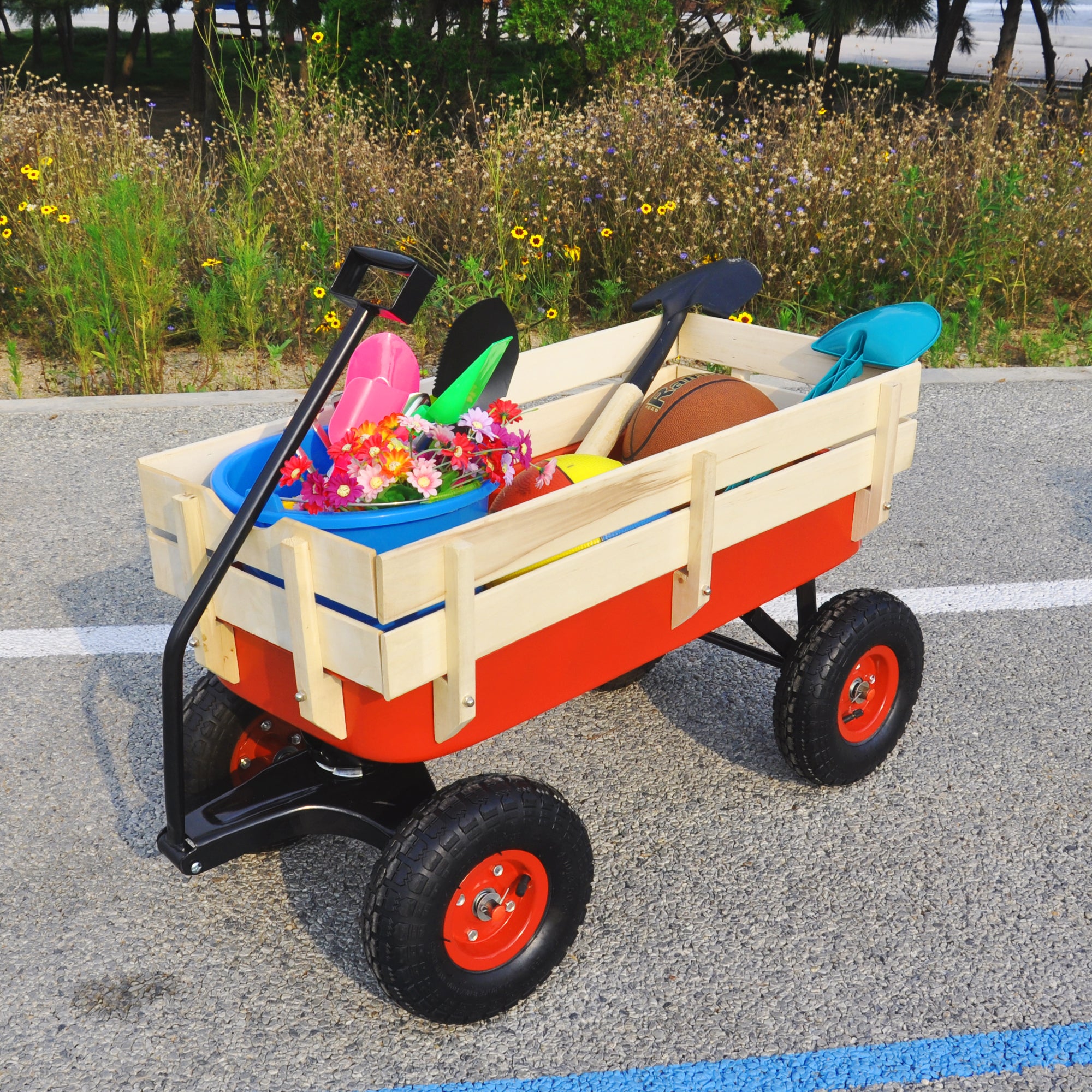 Outdoor Wagon All Terrain Pulling w/Wood Railing Air Tires Children Kid Garden（Red）