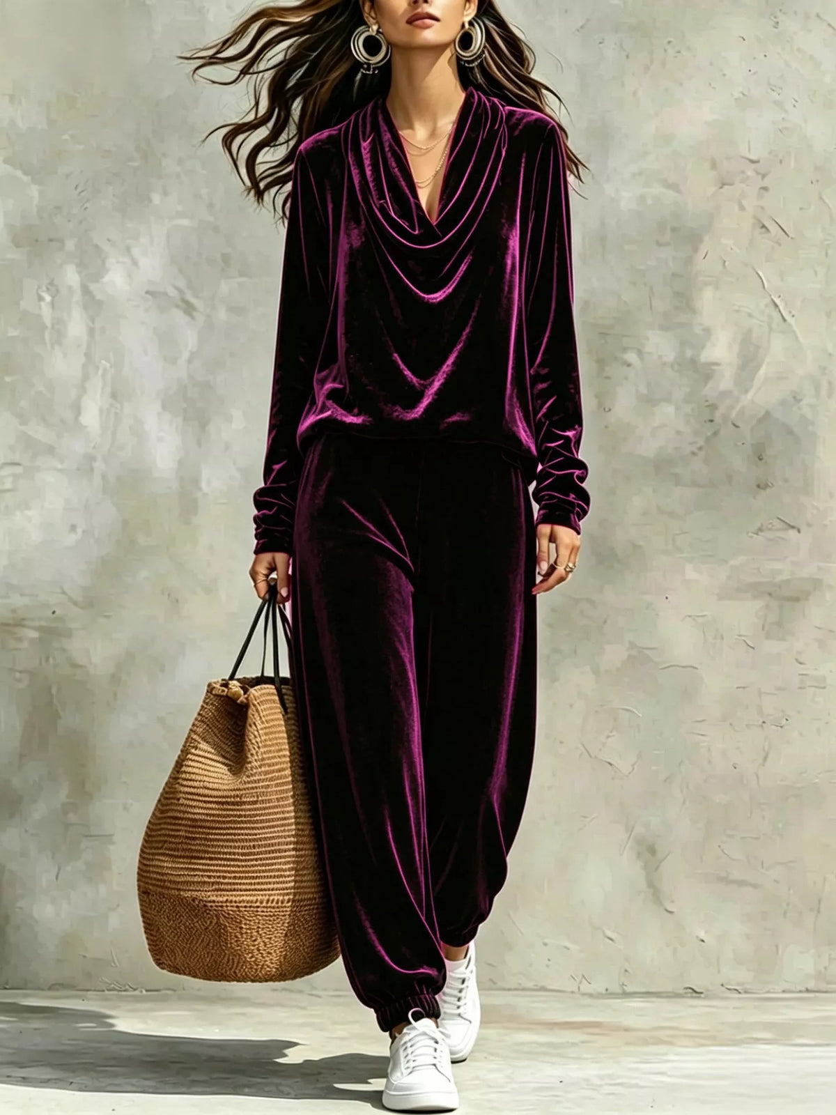 Velvet cowl-neck set – purple
