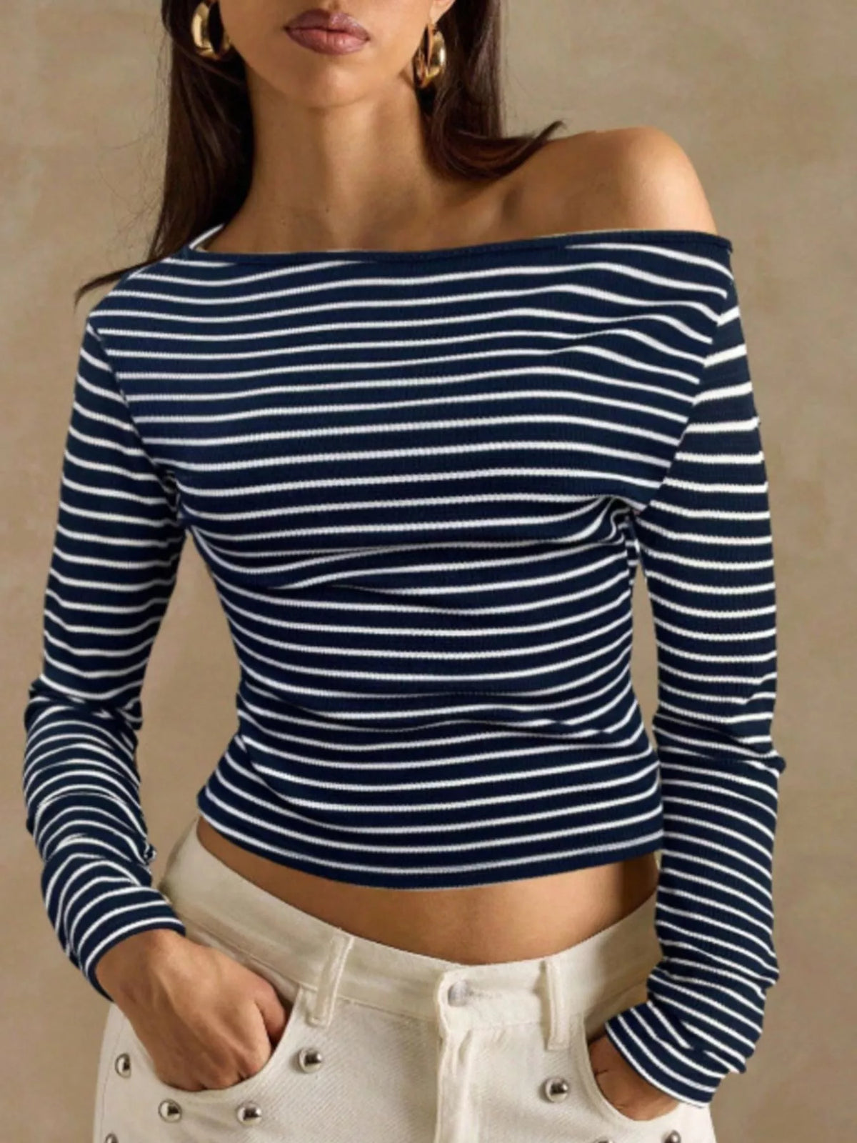 Off-shoulder striped rib top – navy blue