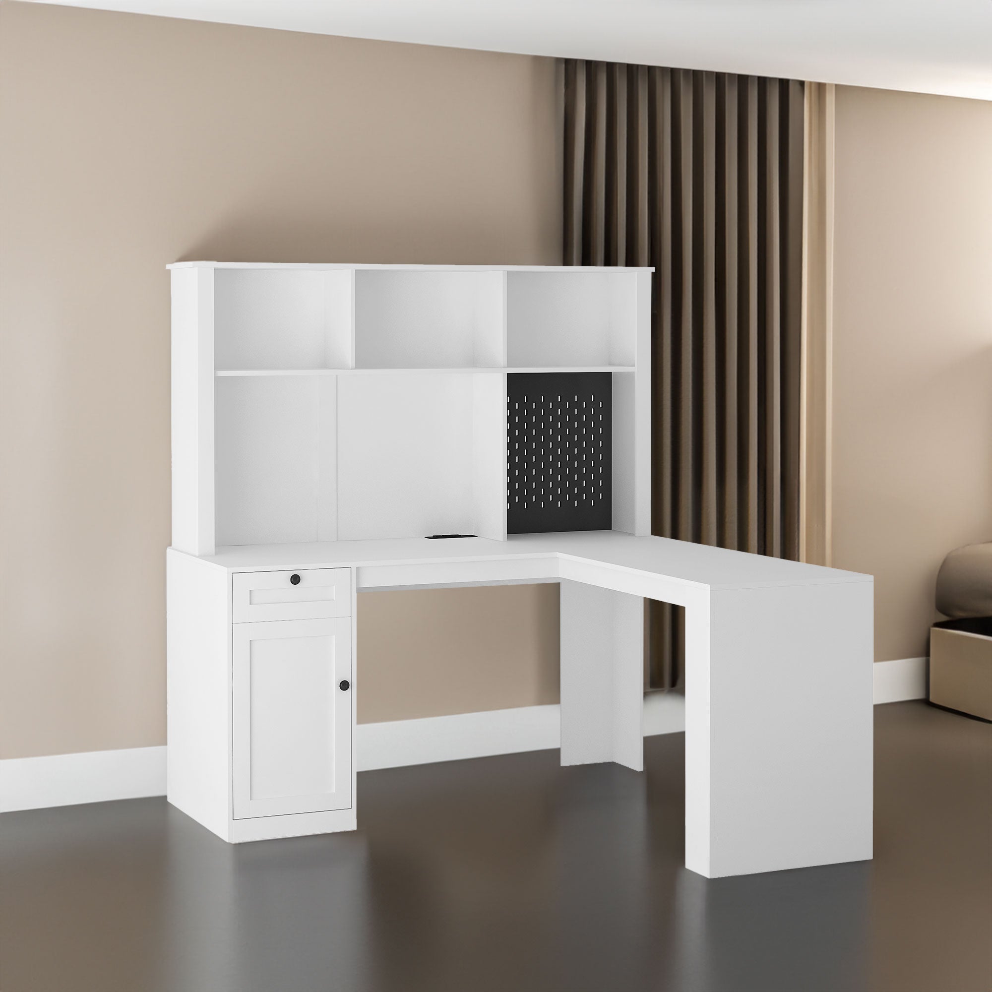 Corner gaming computer desk with socket, drawers, bookshelf and writing desk, modern L-shaped learning desk with storage space