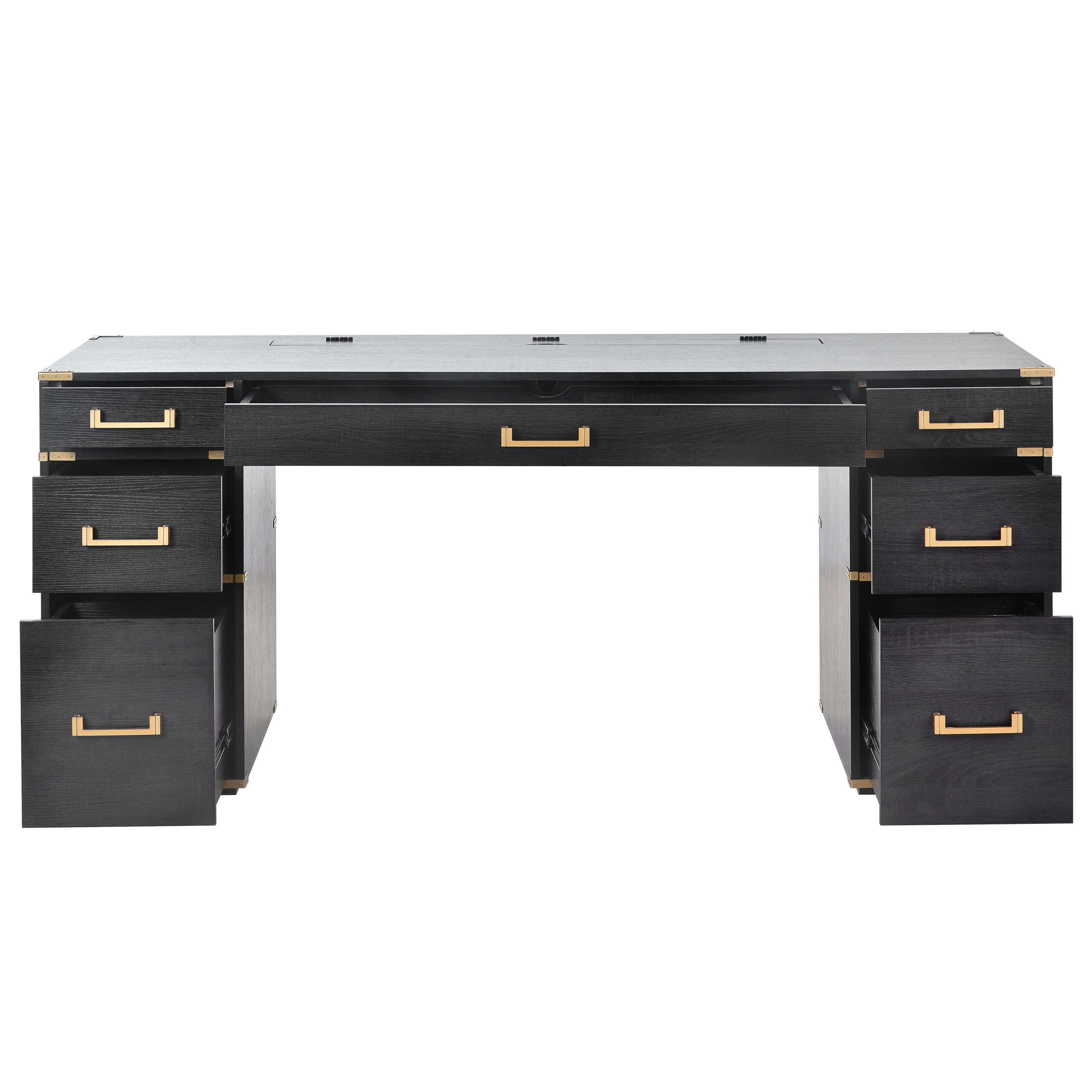 70 inch classic and traditional executive desk with metal trim, writing desk with 2 file drawers, USB ports, and sockets, black