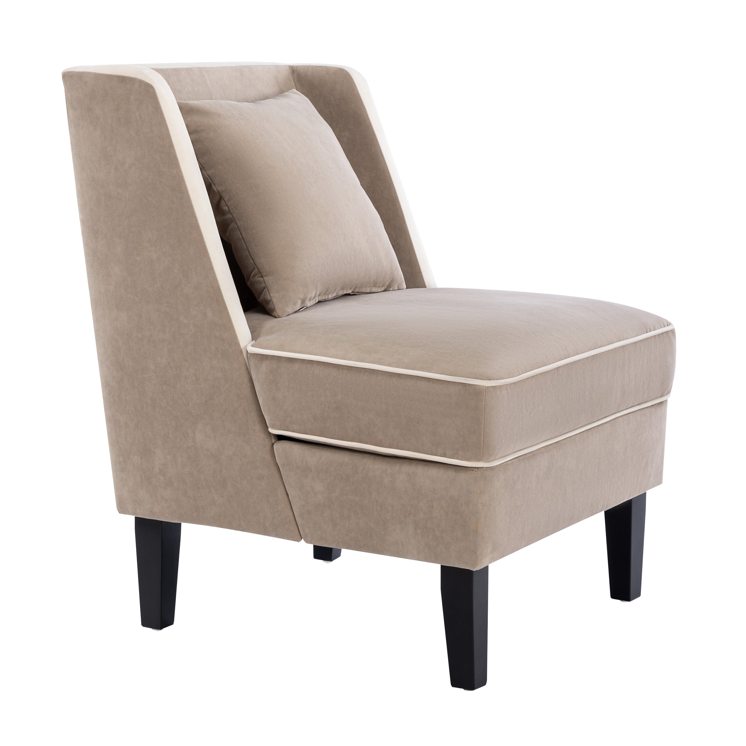 Velvet Upholstered Accent Chair with Cream Piping, Tan and Cream