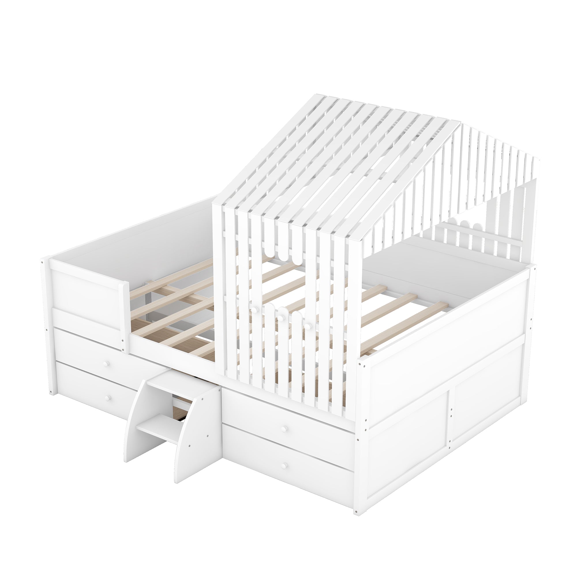 Full Size House Low Loft Bed with Four Drawers,White