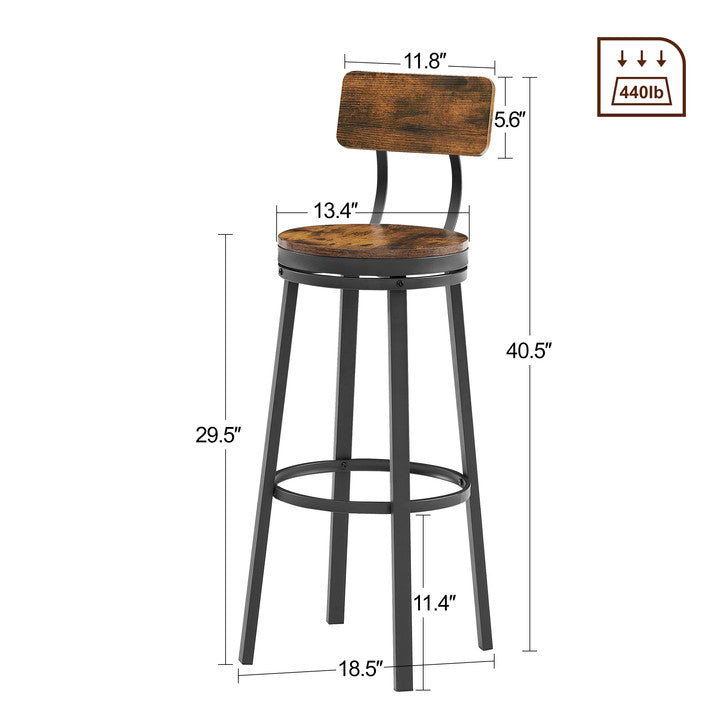 Rotating bar stool with backrest, industrial style, metal frame, 29.5 inches high rust brown, 13.4 '' long x 40.5 '' high.