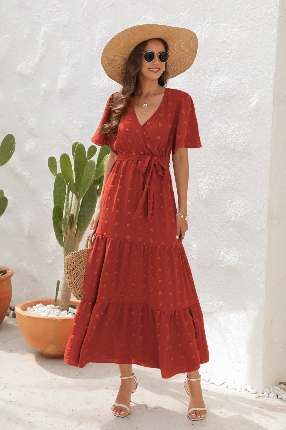 Swiss dot tied surplice short sleeve dress, Rust