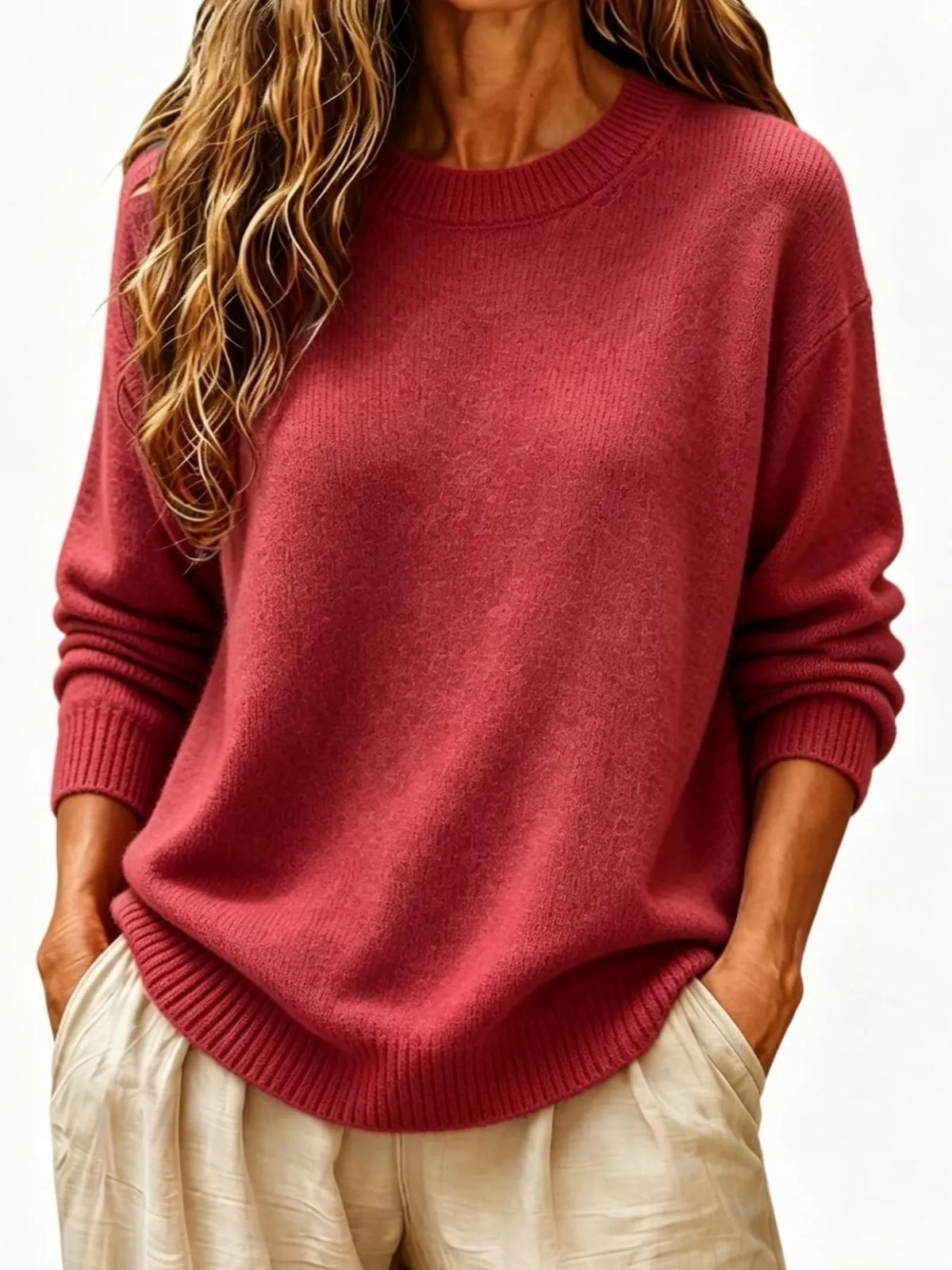 Dropped-shoulder crew sweater – burgundy